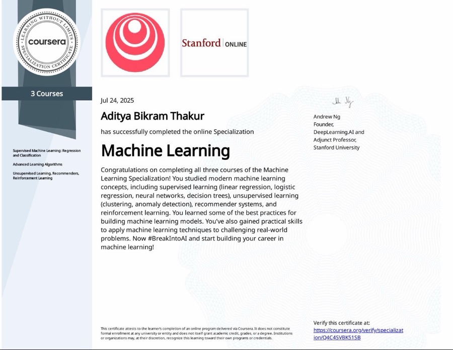 Coursera certificate showing Aditya Bikram Thakur completed the Machine Learning Specialization from DeepLearning.AI and Stanford on July 24, 2025.