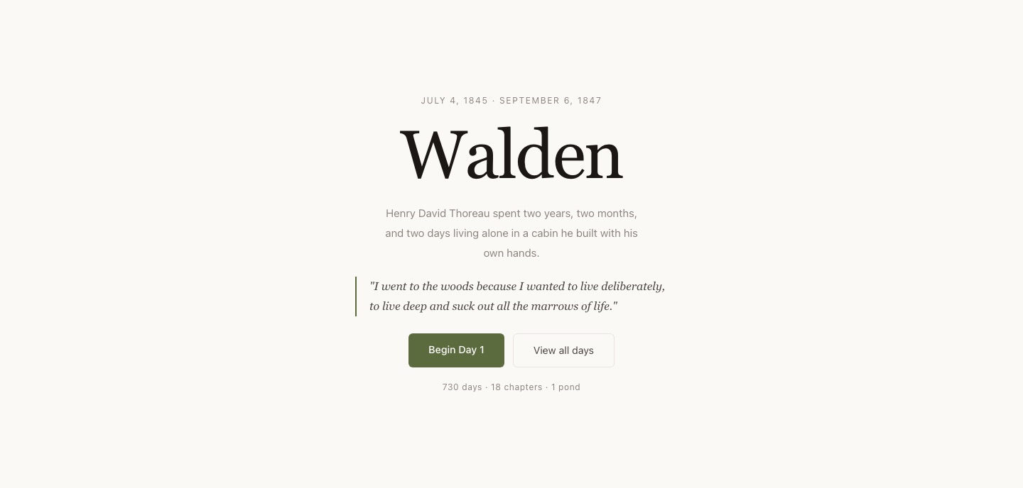 The opening page of walden.life: the title Walden, a short introduction, a Thoreau quote, and a Begin Day 1 button.